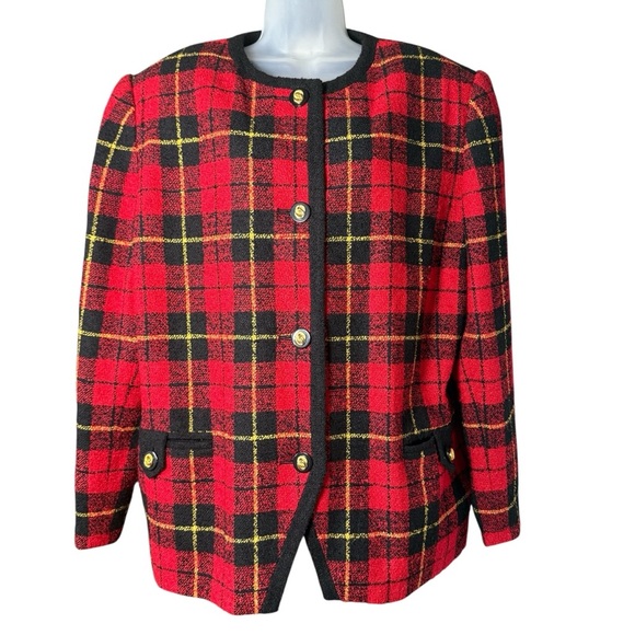 Lord & Taylor Plus Size 22W Plaid Tweed Blazer Jacket Red Black 90s Vintage - Picture 1 of 9